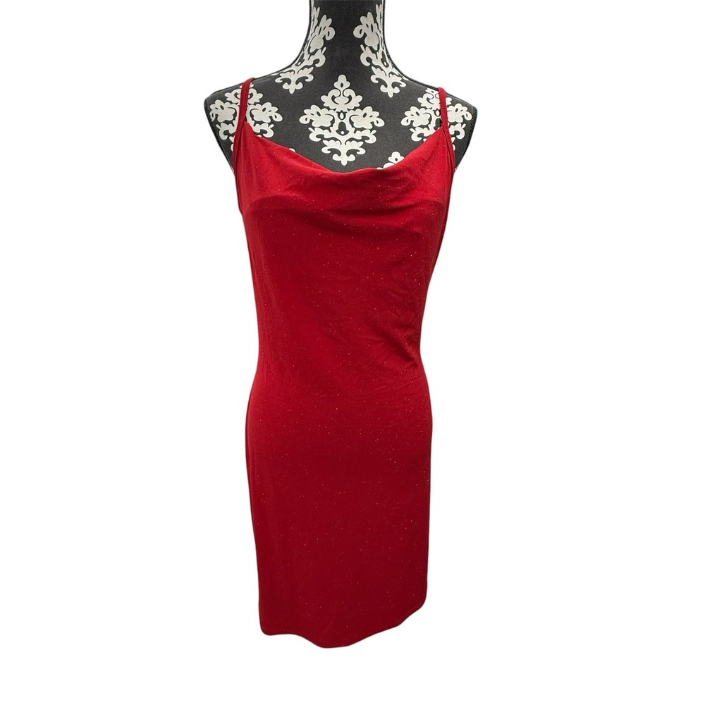 Y2K 90s Rocket Candy red sparkly cowl slip dress L hoco prom glitter